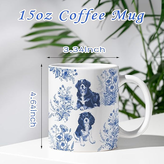 Cavalier King Charles Spaniel with Bernise Mountain Dog Blue French Toile Coffee Mug, Cavalier & Bernise Lover Gifts for Women, Blue Toile Coffee Cup, Birthday Gifts for Dogs Mom, Dog Dad, 15 oz