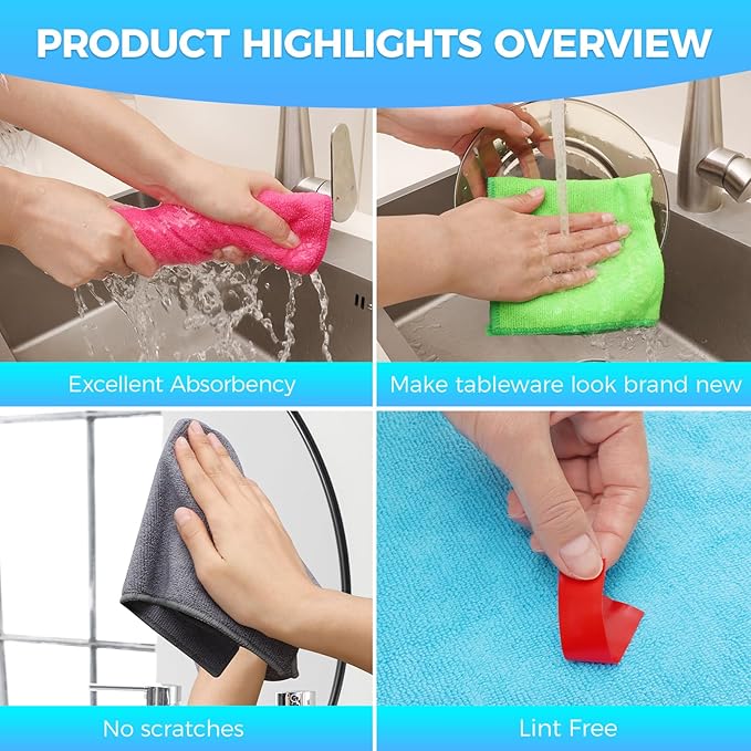15pcs Microfiber Cleaning Cloth Lint Free, Absorbent, Streak Free, Non-Abrasive, Reusable and Washable,Cleaning Towels with 5 Color Assorted,11.5"X11.5"(Green/Blue/Yellow/Pink/Grey)