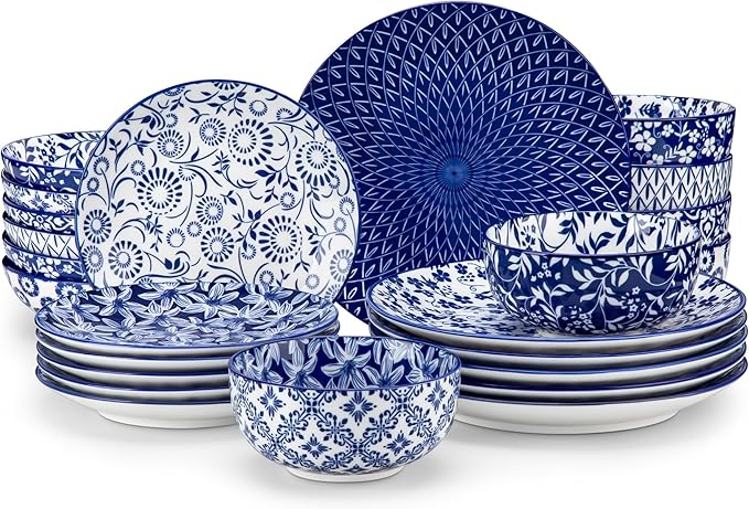 vancasso SELENE Plates and Bowls Set for 6, 24 Pieces Dinnerware Sets, Mircowave and Dishwasher Safe Dishes Set, Porcelain Blue Dinnerware