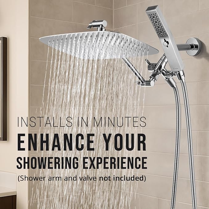 G-Promise All Metal 12 Inch Dual Square Shower Head with Handheld Spray Combo, Rain Shower Head, Adjustable Extension Arm, 3-Way Diverter, 71 Inch Extra Long Hose - A Bathroom Upgrade (Chrome)