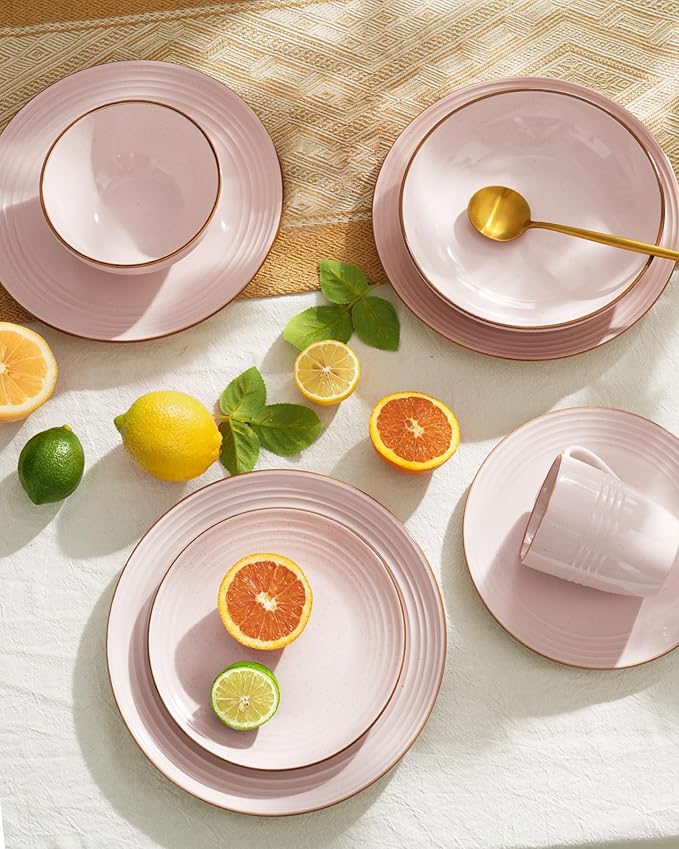 Famiware Jupiter Dinnerware Set, Plates and Bowls Dish Sets for 8 (24 Pieces), Microwave and Dishwasher Safe Stoneware Speckled Tableware, Chip and Scratch Resistant, Light Pink