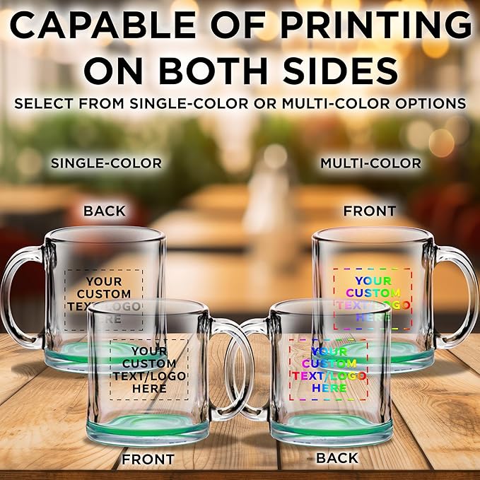 Custom Libbey Clear Glass Coffee Mugs 13 oz. Set of 50, Personalized Bulk Pack - Perfect for Coffee, Tea, Espresso, Hot Cocoa, Other Beverages - Green Bottom