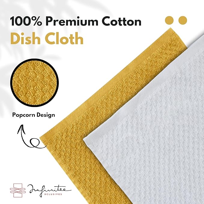 Infinitee Xclusives Premium Dish Cloth 100% Cotton 12 x 12 Inches |Pack of 4|-Ultra Soft Tea Towels - Highly Absorbent Kitchen Rags-Terry Dishcloth for Kitchen and Household Cleaning |Radiant Yellow|