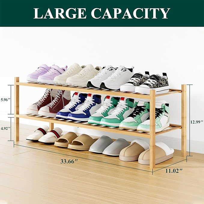 Smiry Shoe Rack, 2 Tier Long Bamboo Shoe Organizer, Stackable Free Standing Wooden Shoe Storage Shelf for Closet, Entryway, Front Door Entrance, Natural