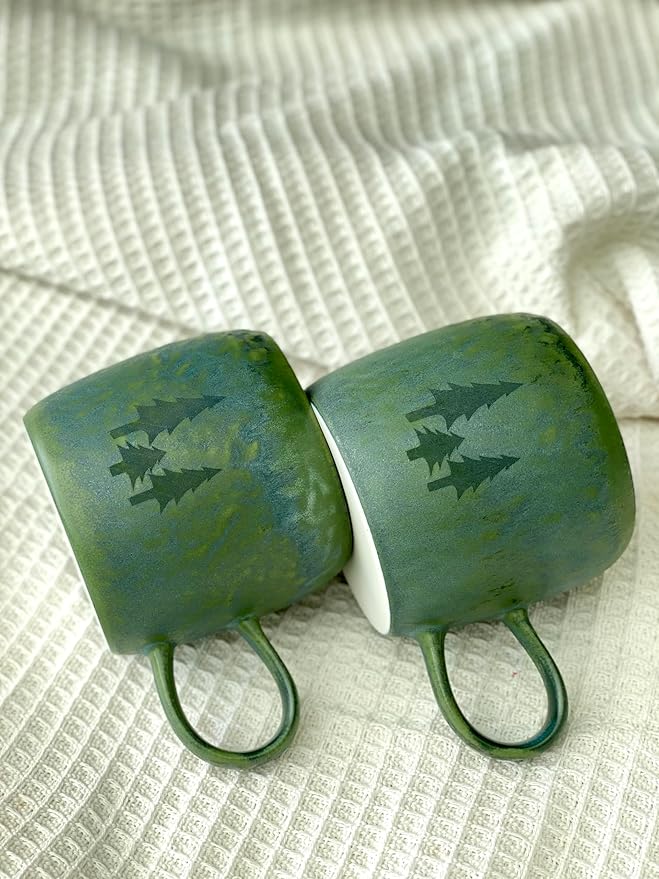Medium Ceramic Coffee Mug Set of 2, 12 Oz, Stoneware Tea Cup for Office and Home, Dishwasher and Microwave Safe (Forest Green with Three Laser-engraved trees, 2) (Art Deco)
