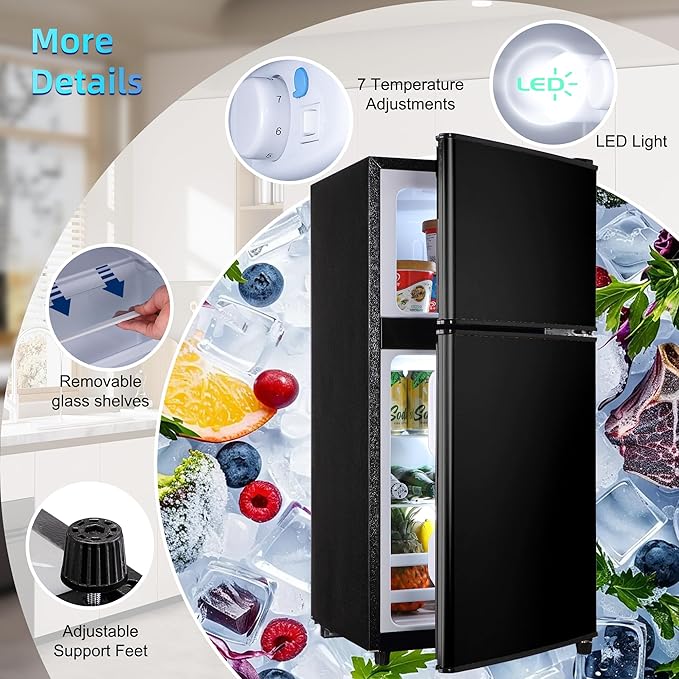 3.3 Cu. Ft. Mini Fridge with Freezer, Compact Refrigerator with Adjustable 7-Level Thermostat, Dorm Fridge for Kichen, RV, Office, Apartment, Black