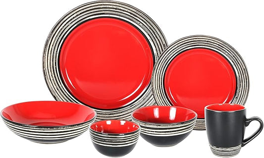 48 Piece Dinnerware Set, Ceramic Plates and Bowls Sets for 8, Microwave and Dishwasher Safe, Handcrafted Tree Bark Series Dish Set, Strawberry/Red
