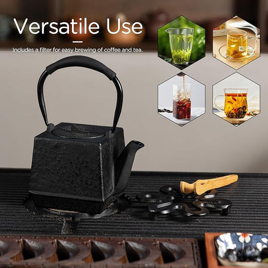 Cast iron Teapot, Tea Kettle for Stovetop Safe with Stainless Steel Infuser,Japanese Hand-made Square Tea Pot Coated with Enameled Interior for 27oz,780ml Black