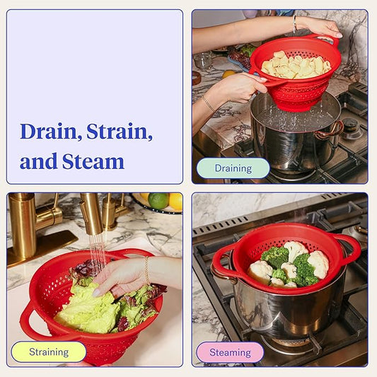 GIR Collapsible Colander for Kitchen β Space-Saving Strainer & Steamer β BPA-Free, Heat-Resistant, Dishwasher Safe Kitchen Strainer with Stainless Steel Rim β Durable Collapsible Colander - Red