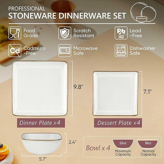 Herogo 12 Pieces Square Stoneware Dinnerware Dishes Set for 4, Handmade Dining Plates and Bowls Sets, Double Reactive Glaze, Microwave & Dishwasher Safe, Scratch Resistant, Ivory White