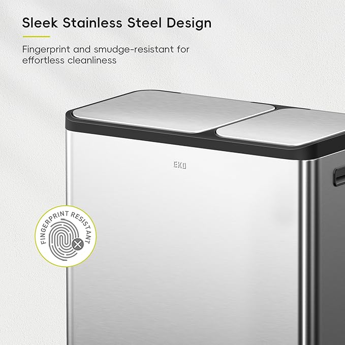 EKO EcoCasa Stainless Steel Dual Step Trash Can for Recycling, 30L+20L Rectangular Kitchen Trash Can, Independent Pedals and Lids, Soft Close and Fingerprint Resistant