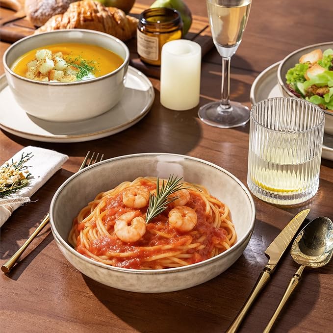 GBHOME 16 Pieces Double Bowls Ceramic Dinnerware Sets for 4, Stoneware Plates and Bowls Set with Reactive Glaze, Scratch Resistant Stoneware Dishes Set, Dishwasher & Microwave Safe