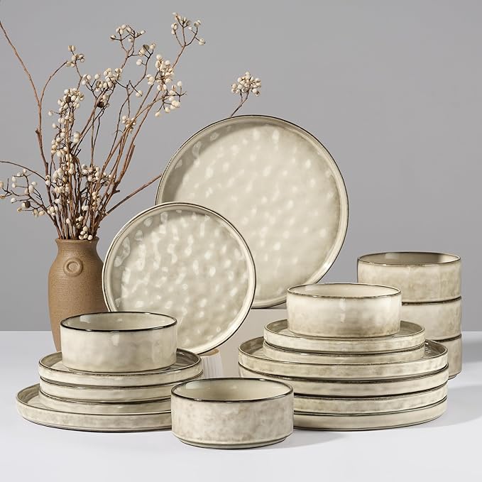 HaWare Dinnerware Sets, 18-Piece Plates and Bowls Set, Stoneware Dish Set for 6, Ceramic Dinnerware for Home Restaurant, Chip and Scratch Resistant, Microwave and Dishwasher Safe, Saturn Khaki