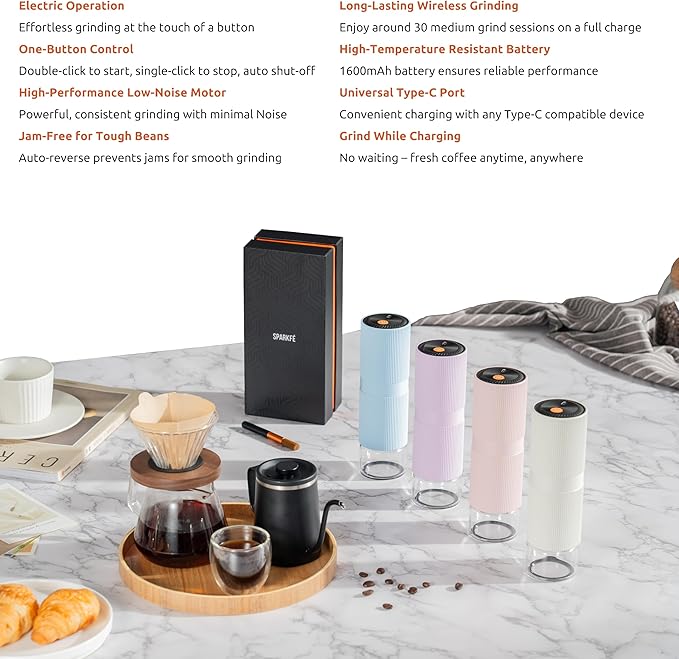 Portable Electric Coffee Grinder, Rechargeable Handheld Grinder with Stainless Steel Conical Burr, Adjustable Grind Settings, for Espresso, Moka, Pour Over, French Press, Cold Brew, Azure