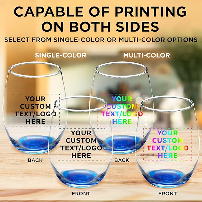 DISCOUNT PROMOS Custom Stemless Wine Glass 9 oz. Set of 10/50/100, Personalized Bulk Pack - Great for Wedding Favors, Bachelorette Party Decorations, Party Favors - Blue
