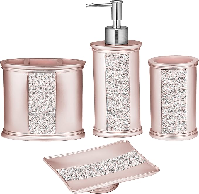 Zahari Home 4pc Sinatra Stylish Bathroom Accessories Set Liquid Soap Dispenser, Tumbler, Tooth Brush Holder and Soap Dish Modern Classic Luxury Decor Bling Mosaic Glass Blush Bathroom Accessories