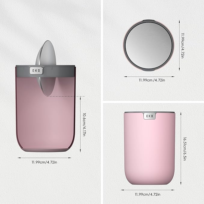 EKO Mini Desk Trash Can with Swing-Top Lid 0.4 Gallon Small Table Round Wastebasket for Office, Home, Car (Pink)