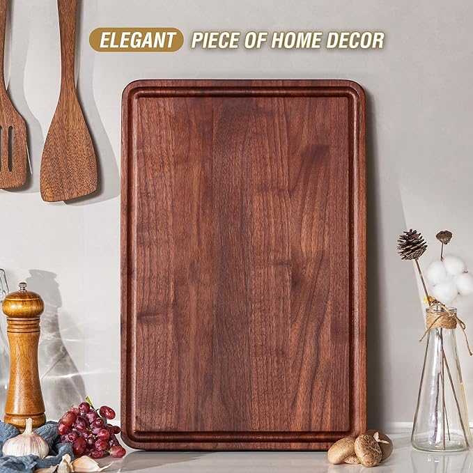 AZRHOM Walnut Wood Cutting Board, 18x12in Large Wooden Chopping Boards with Deep Juice Groove and Side Handle, Thick Butcher Block for Kitchen Meat Cheese Gift for Wife Mom(Gift Box)