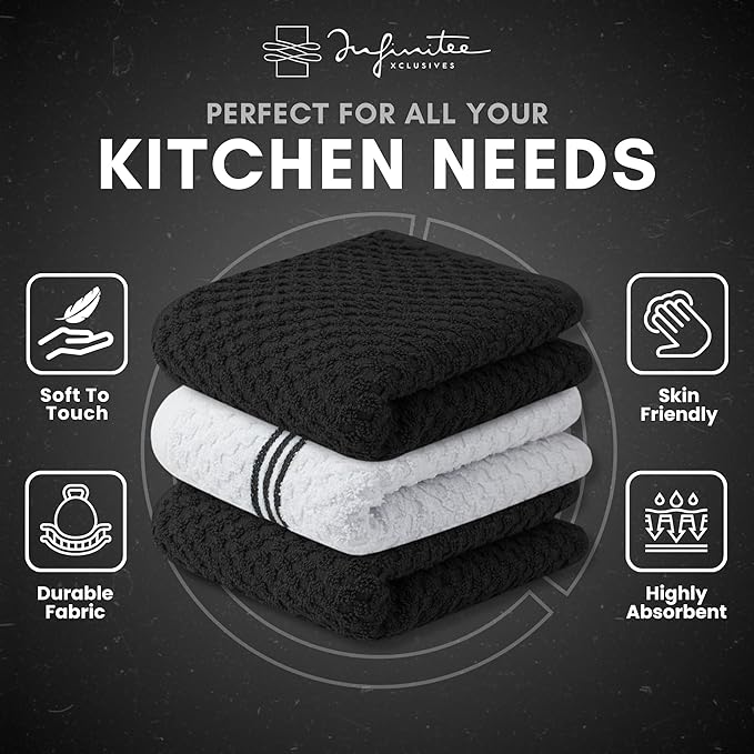 Infinitee Xclusives Premium Kitchen Towels – Pack of 3, 100% Cotton |15 x 25| Inches Absorbent Dish Towels - Terry Kitchen Dishcloth Towels - Black Dish Cloth for Household Cleaning
