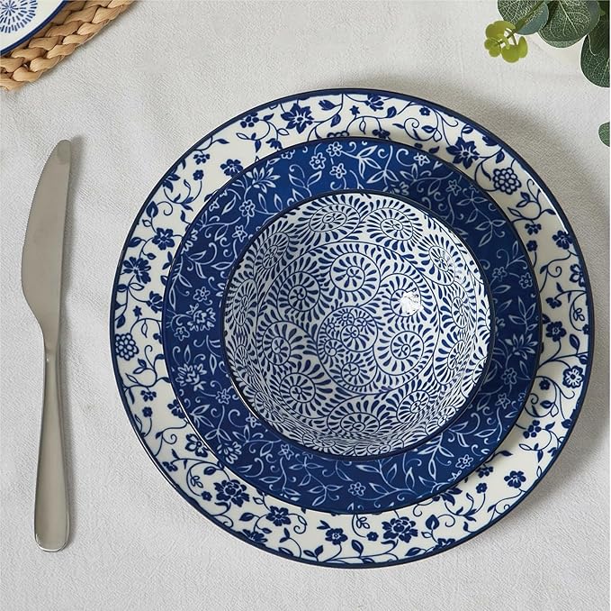 ONEMORE Ceramic Dinnerware Sets, 12 Piece Stoneware Plates and Bowls, Dish Sets for 4 - Scratch Resistant, Dishwasher & Microwave Safe, Vintage Blue