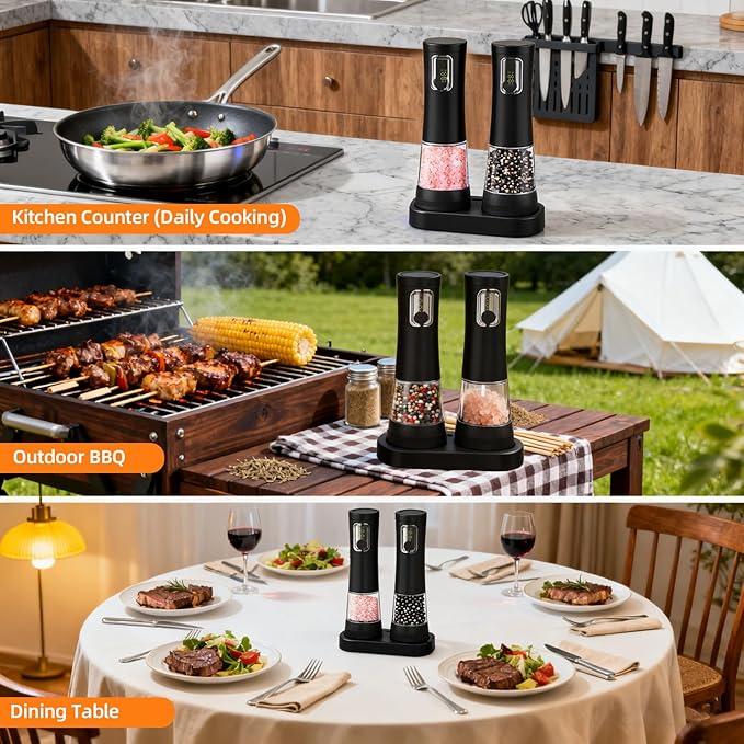 Electric Salt and Pepper Grinder Set-2 Pack Rechargeable Automatic Pepper Mill with Base,5-Level Adjustable Coarseness, Display, LED Lighting, Large Capacity-Ideal for Kitchen, BBQ Gifts (2, Black)