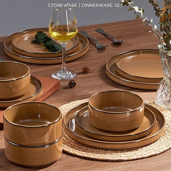Onader Dinnerware Dishes Sets for 8, Stoneware Plates and Bowls with Unglazed Terracotta Bottom, Ceramic Kitchen Dinner Dish Set 24 Piece - Earthy Umber