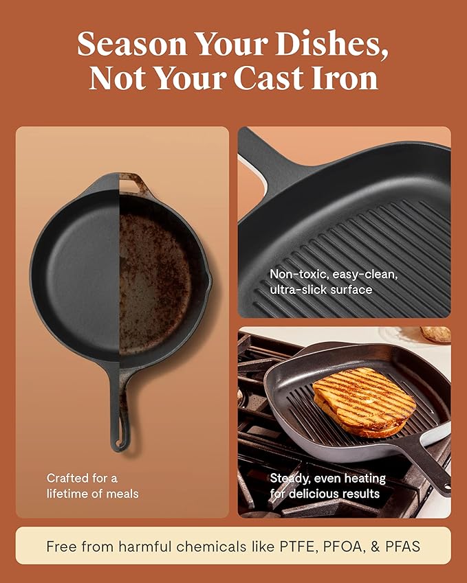 Caraway Enameled Cast Iron Grill Pan - 10.5” Grill Pan for Stovetop Cooking - 3 Layer Enamel Coating - No Seasoning Required - Compatible With All Stovetops - Free From Forever Chemicals - Light Mist
