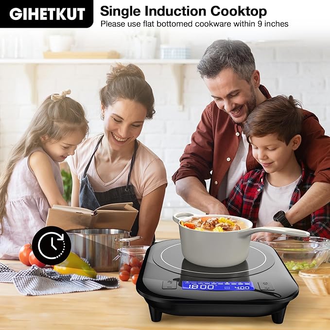Single Induction Cooktop,1800W 110V Single Burner Cooktop,Induction Hot Plate with 5 Cooking Modes, Electric burner with LCD touch control,9 Temperature Levels & 4H Timer,Overheat protection