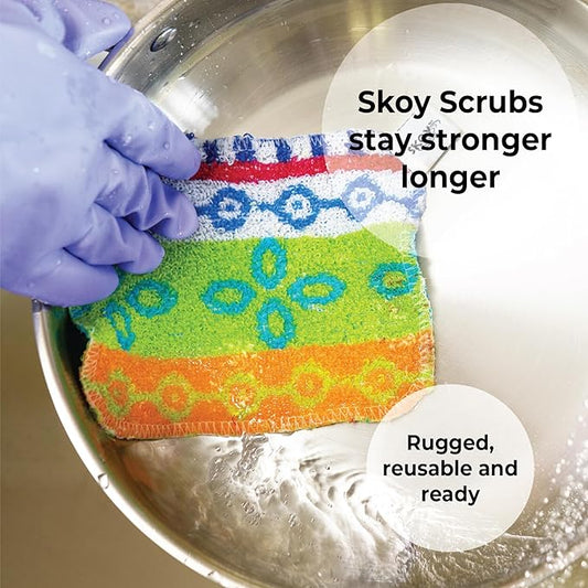 Skoy Scrub, 4-Pack Reusable, Non-Scratching Dish Scrubber for Kitchen and Household Cleaning, Planet-Friendly, Dishwasher Safe Soft Scrub, Assorted Colors and Designs