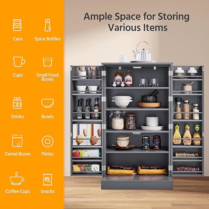 Yaheetech 41" H Kitchen Pantry Storage Cabinet with Doors & Adjustable Shelves, Freestanding Cupboard Food Cabinet for Dining Room/Living Room, Dark Gray
