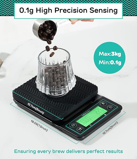 Coffee Gator Coffee Scale 0.1g Precision with Timer - 3kg Digital Scale Large LCD Weighing Kitchen Multifunctional for Pour-Over, Espresso, French Press, Bean, Food, Drink
