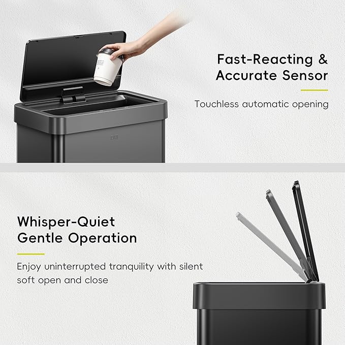 EKO Mirage X 80 Liter / 21.1 Gallons Motion Sensor Trash Can, Automatic Large Kitchen Trash Can Touchless, Stainless Steel, Matte Black