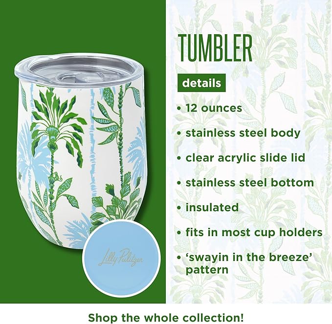 Lilly Pulitzer 12 Oz Insulated Tumbler with Lid, Yellow/Green Stainless Steel Travel Wine Glass, Double Wall Metal Cup (Swayin in the Breeze)