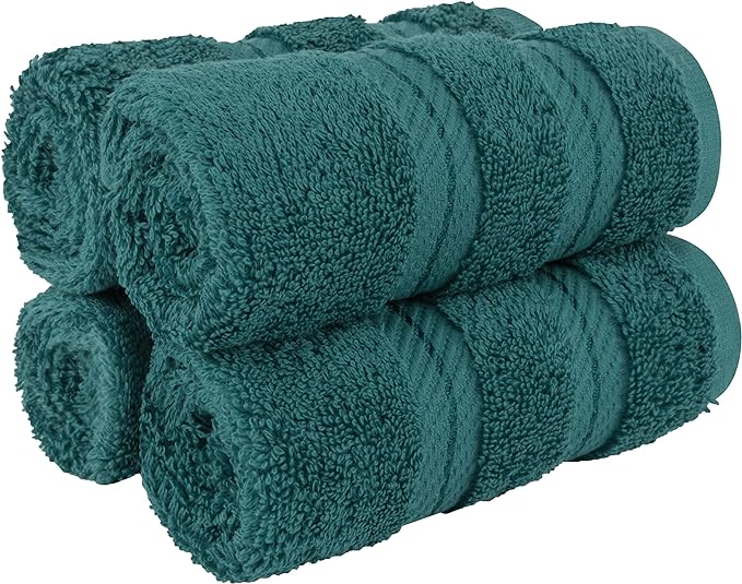 American Soft Linen Luxury Washcloths for Bathroom, 600 GSM 100% Cotton 4 Piece Turkish Wash Cloth Set, 13x13 in Soft Rags for Body and Face, Teal Washcloths