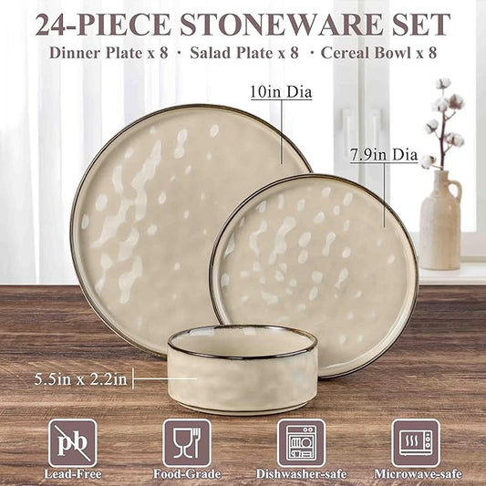 Herogo Plates and Bowls Dinnerware Sets for 8, 24 Pieces Stoneware Dishes Sets, Dishware for Dinner, Salad, Dessert, Dishwasher & Microwave Safe, Cream Khaki
