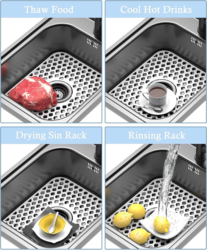2 Pack Silicone Sink Protector for Kitchen Sink Bathroom, 13.58"x 11.6" Heat-resistant Sinks Mat, Non-Slip and Durable Sinks Protectors Silicone, Center Drain (White)