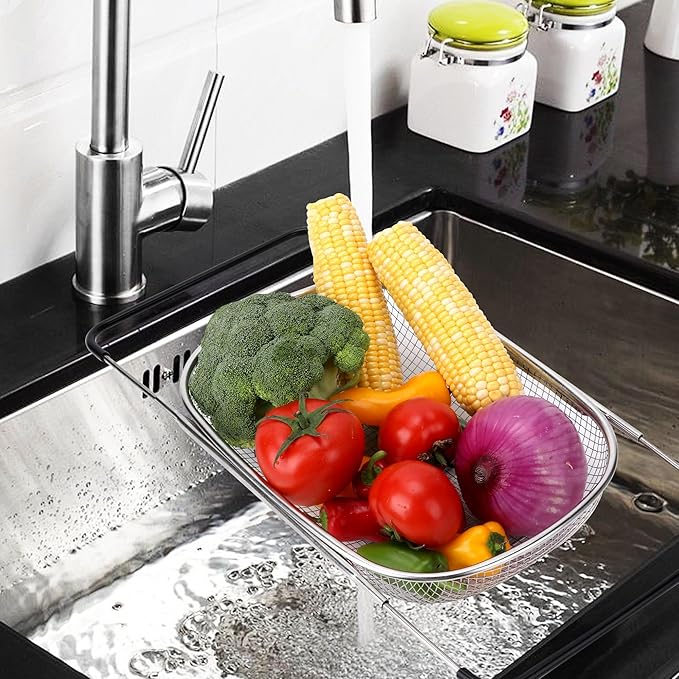 ZDRongZhen Kitchen Accessories Over the Sink Colander Strainer Basket,Stainless Steel Colander with Expandable Rubber Grip Sink Drainer-Rinse Vegetables Fruits &Strain&Drain (Large-grid)