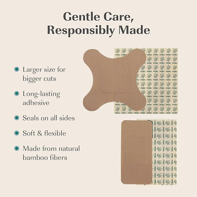 FEBU Eco-Friendly Large Bamboo Bandages | PFAS Free Bandages for Scrapes & Cuts | Flexible Fabric Bandage | Fully Compostable, Latex Free Bandage | 20 Count Large
