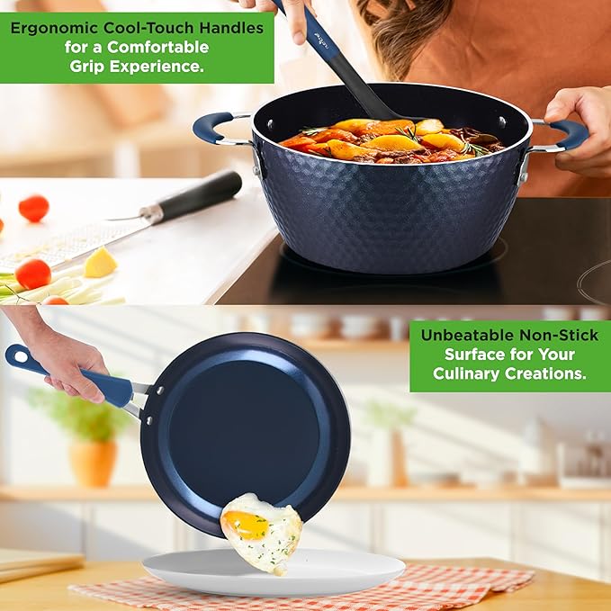 NutriChef 11-Piece Kitchen Cookware Set, Non-Stick Pots and Pans, Easy-to-Clean, Kitchen Utensils Set with Ceramic Coating for Home Cooking, Induction Safe, Diamond Pattern