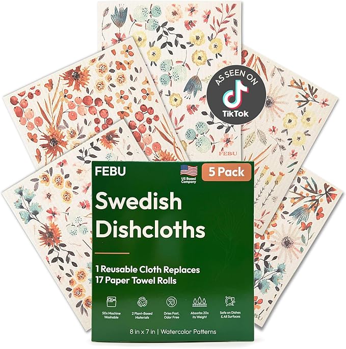 FEBU Swedish Dishcloths for Kitchen | 5 Pack Watercolor Reusable Paper Towels Washable | Swedish Dish Towels | Non-Scratch Cellulose Sponge Cloths | No Odor, Biodegradable Cleaning Cloths