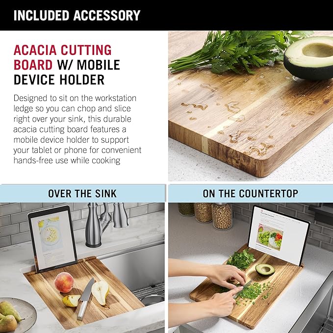 DELTA FAUCET 95B932-30S-SS Lorelai Workstation Kitchen Sink Undermount Stainless Steel Single Bowl with WorkFlow Ledge and Chef’s Kit of 6 Accessories