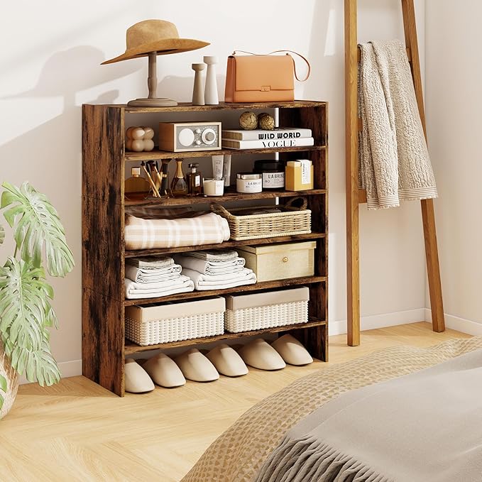 COSTWAY 6-Tier Shoe Rack, Extra Wide Shoe Shelf Organizer with Stackable Design, 31" Freestanding Adjustable Storage Shoe Stand for Small Space Entryway Hallway Closet (1,Rustic Brown)