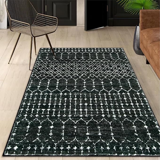 Lahome Moroccan Black Rug for Living Room - Washable Area Rug 5x7 Non-Slip Ultra-Thin Soft Bedroom Rugs Large Stain Resistant Dining Room Rugs, Geometric Print Modren Carpet Rug for Office Entryway