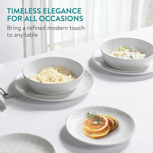 Navaris Linen Artisan Stoneware Dinnerware Set (18 Pieces) - White Dinnerware with Dinner Plates, Side Plates, and Pasta Bowls - Dishwasher and Microwave Safe