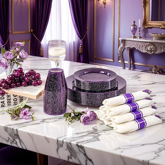 DaYammi 210 Purple Glitter Plastic Dinnerware Set for 30 Guests, Fancy Disposable Plates for Party, Include: 30 Dinner Plates, 30 Dessert Plates, 30 Pre Rolled Napkins with Purple Silverware, 30 Cups