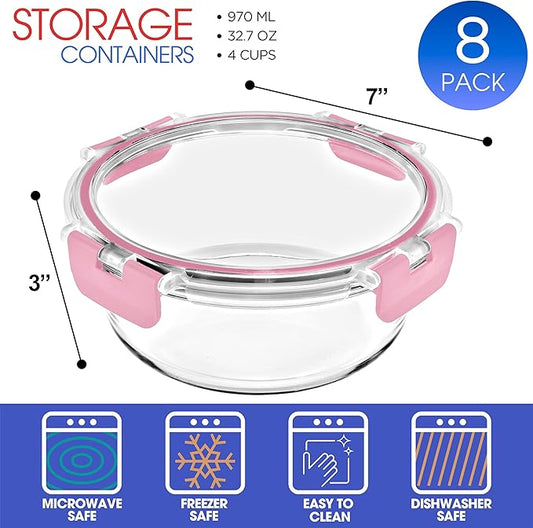 Sorbus 16pc Glass Meal Prep Containers Set β 8 Round 32oz Containers with Airtight Lids β Freezer, Dishwasher, Oven Safe β Reusable Food Storage Bowls, 4 Cup Capacity for Meal Prep and Storage, Pink