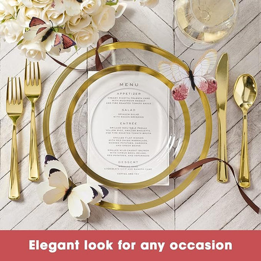 By Madee HEAVYWEIGHT Clear Plastic Plates With Gold Trim | Nice Disposable Plates and Cutlery Set | Includes Gift of Dazzling 3D butterflies for table Decor | 150mPcs for 25 Guests