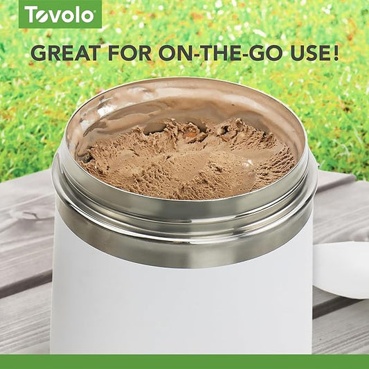 Tovolo 2 Quart Stainless Steel Traveler, Double-Wall Vacuum-Insulated Food Container, 2 Qt. Food Storage & Ice Cream Container, Easy-Carry Handle, Travel Mug for Hot Food & Cold Ice Cream, White