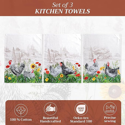 Maison d' Hermine Kitchen Towels Set of 3 100% Cotton 27.50" x 20" Reusable Cloth Tea Dish Towels Absorbent with Hanging Loop for Kitchen, Home, Dining, Cocktail Parties Spring/Summer (Basse Cour)