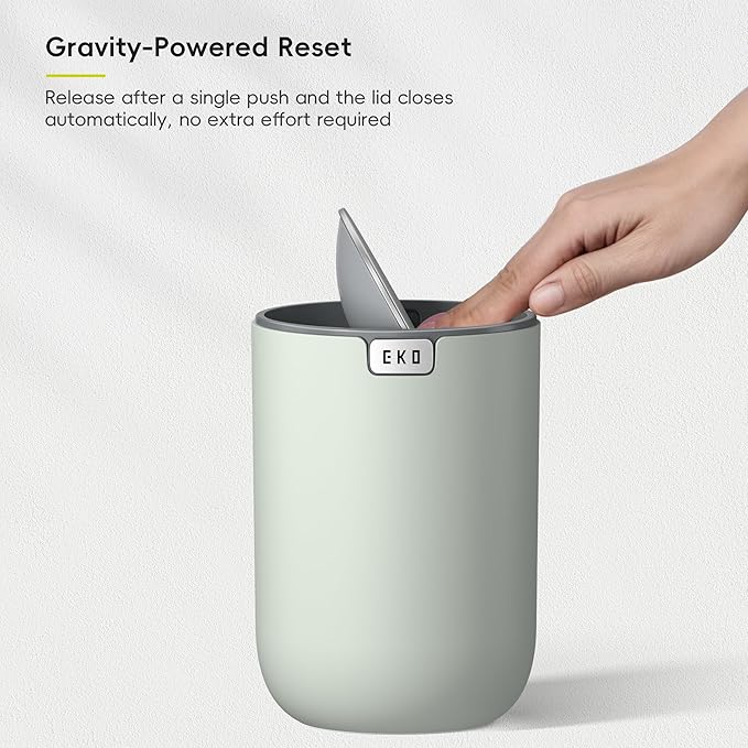 EKO Mini Desk Trash Can with Swing-Top Lid 0.4 Gallon Small Table Round Wastebasket for Office, Home, Car (Sage)